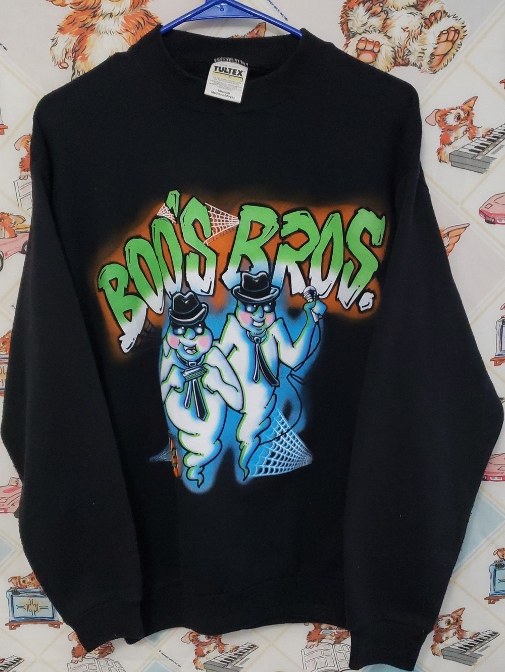 Tultex Black Crewneck Sweatshirt with Green & Blue "Boo's Bros" Halloween Medium